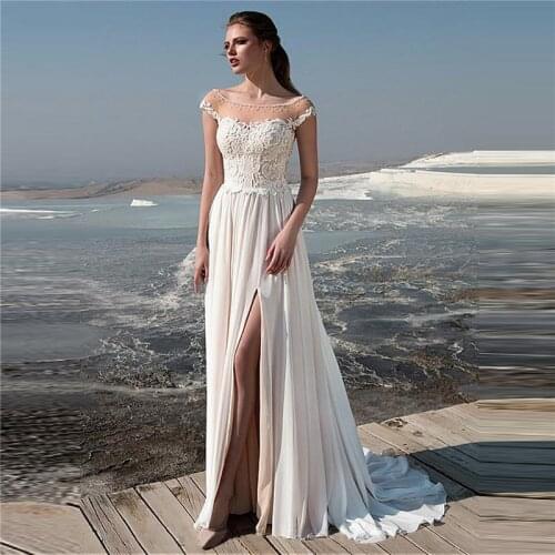 A-Line Split Side Wedding Dresses Chiffons Skirt Sexy Vintage Beach Bridal Gowns Beaded Top Ladies Vestidos De Novia Sweep Train