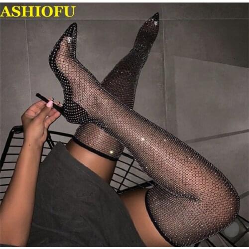ASHIOFU New Sexy Women Thigh High Pumps Air-mesh Stripper Club Party Dress Shoes Fish-net Stocking Style Fashion Evening Shoes