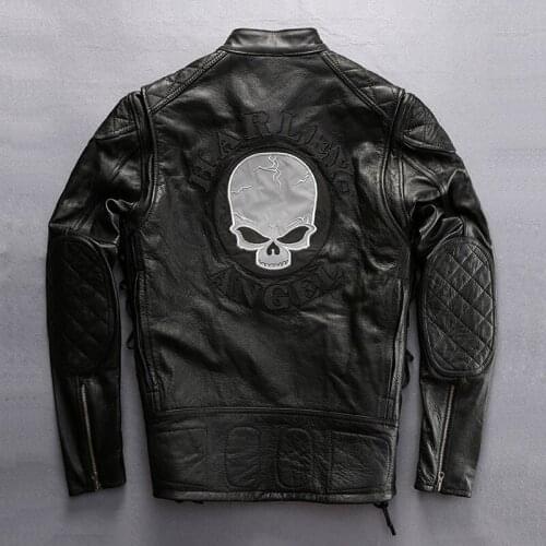 Free shipping Men Genuine Leather Vintage Classic Warm Motorcycle Biker Black Jacket Skull Embroidery Cowhide Coat