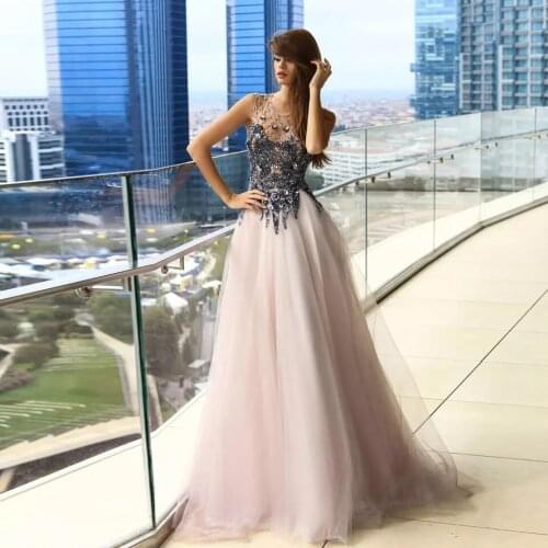 Sparkly Crystal Beads Evening Dresses A-Line O-Neck Sleeveless Tulle Floor Length Button Charming Party Prom Gown For Women