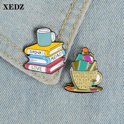 XEDZ color stacked books treasure letters coffee cup enamel pin love reading backpack lapel brooch jewelry gift to a friend