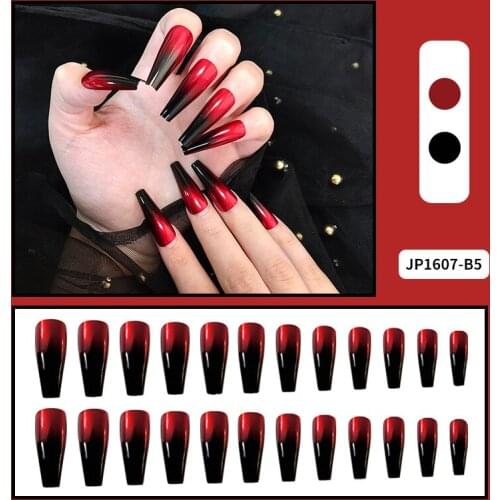European Red Black Gradient Fake Nails Long Ballerina Coffin Artificial Full Nail Art Tips with Jelly Sticker DIY Press on Nails