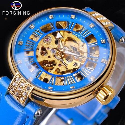 Forsining 2019 Lady Mechanical Automatic WatchesTop Brand Luxury Blue Genuine Leather Fashion Golden Case Skeleton Clock Women