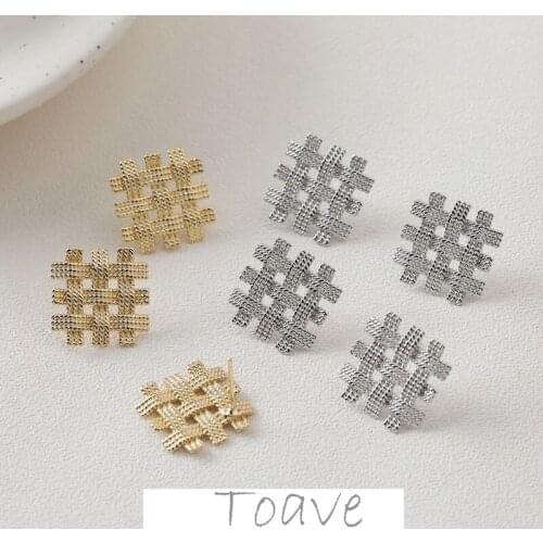 Electroplating real gold color-preserving retro diamond-shaped straw woven silver needle earrings diy material accessories