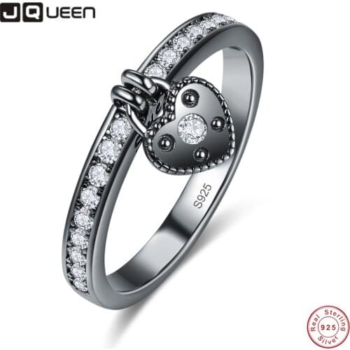 JQUEEN Heart-shaped Lock Pendant Black Zircon Ring Wedding Ring for Women 925 Jewelry Crystal Rings