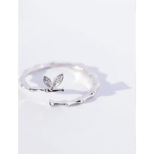 Sole Memory Fresh Literary Zircon Leaves Cool Sweet 925 Sterling Silver Female Resizable Opening Rings SRI477