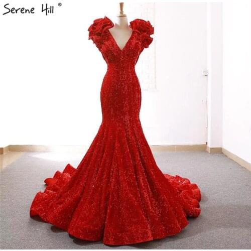 Red High-end Deep V-Neck Sleeveless Wedding Dresses Sexy Slim Sequined Mermaid Bridal Gowns 2021 Real Picture HM66736