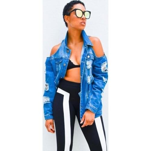 Puloru New Womens Ripped Holes Jeans Jackets Street Style Cold Shoulder Long Sleeve Button Down Denim Coats Autumn Outerwear