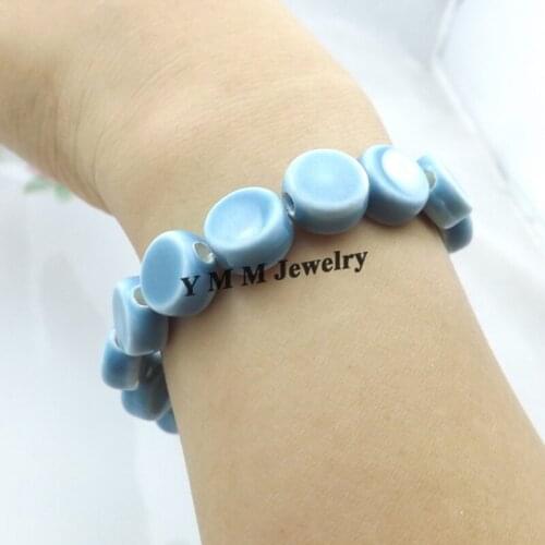 Fashion Light Blue Button Shape Beaded Bracelet Handmade Chinese Ceramic Bracelet 12pcs/lot Wholesale