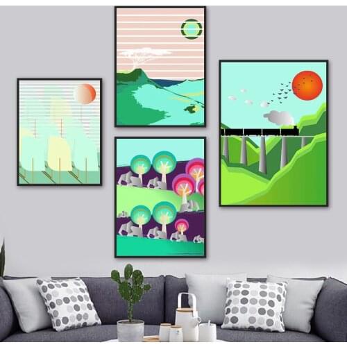 Sun Cloud Mountain Tree Railway Bridge Train Wall Art Canvas Painting Nordic Posters And Prints Wall Pictures Kids Room Decor