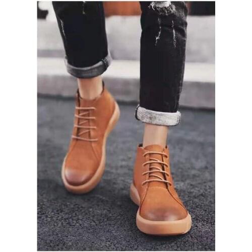 Mens Spring Autumn Casual Shoes Leather Round Head Lace Up Middle Top Ox Tendon Bottom Large Size Tooling Shoes Casual Shoes