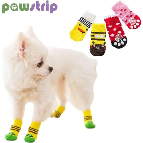 4Pcs Cute Puppy Dog Knit Socks Autumn Winter Warm Soft Dog Shoes Small Dogs Cotton Anti-Slip Cartoons Shoe Socks Paw Protector