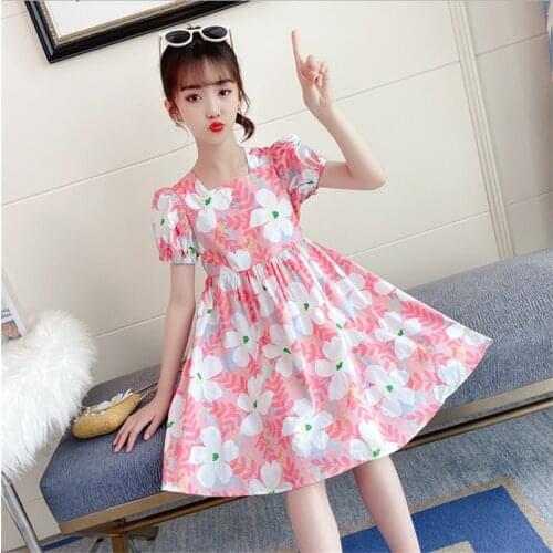 Girls Dress 2021 Summer New White Big Flower Print Dress with Bow Tie Decoration