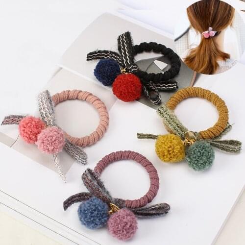 Girls Pompom Fur Ball Hair Bands Colorful Bow Hairring Ponytail Holder Elastic Hair Ties Accessories For Kids Lovely Headwear