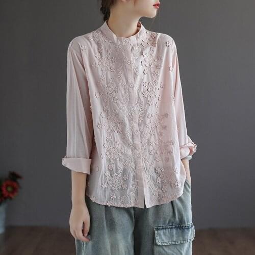 QPFJQD Ladies Full Sleeve Three Dimensional Embroidery Loose Blouse Spring Autumn Women Solid Color Cotton Shirts Stand Collar
