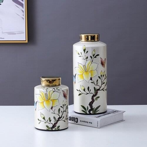 Nordic Light Luxury Decorative Storage Jars with Golden Lid Rich Flower Pattern Ceramic Vase Decorative Ornaments Wedding gift