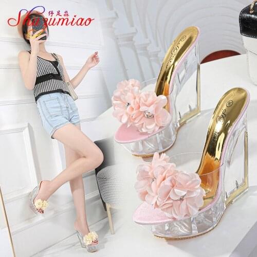 Diamond PVC Slippers Womens Summer Chic Flower Transparent Special-Shaped Heel Shoes Fashion 14CM Platform Crystal Wedge Sandals