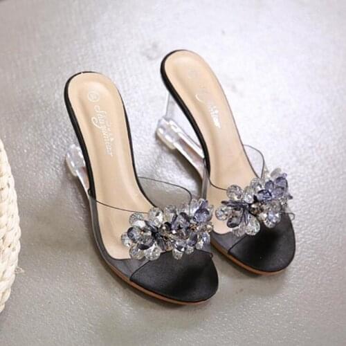 Fashion Womens Slippers Transparent Sexy Sandals Round Toe Fish Mouth Heels Party Shoes Crystal Pumps for Women 2021