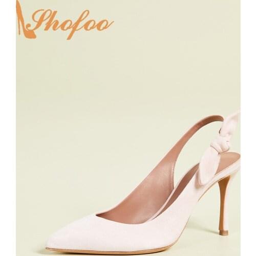 Pink Pumps High Thin Heels Slingback Flock Butterfly-Knot Women Pointed Toe Large Size 11 16 Ladies Fashion Mature Shoes Shofoo