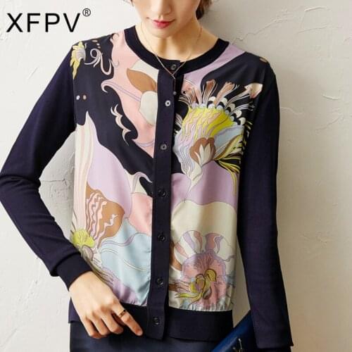 XFPV 2021 Autumn Winter New Arrivals Y2k Long Sleeve Printed Silk Top Women Long Sleeve Round Neck Knitted Cardigan Jacket SM177