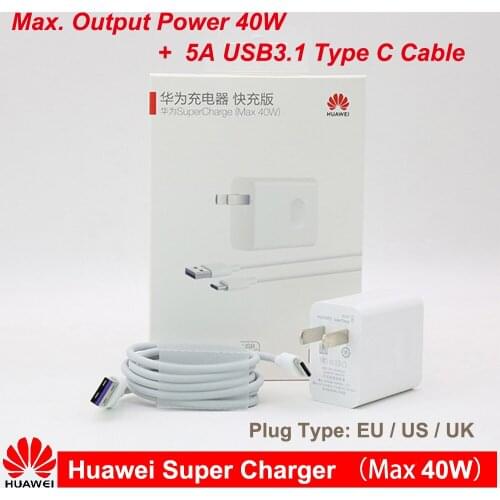 Huawei Charger Original EU 40W Supercharge USB Power adapter 5A USB type c cable for mate 30 pro 20 nova 5 5t 5 pro p20 p30 pro