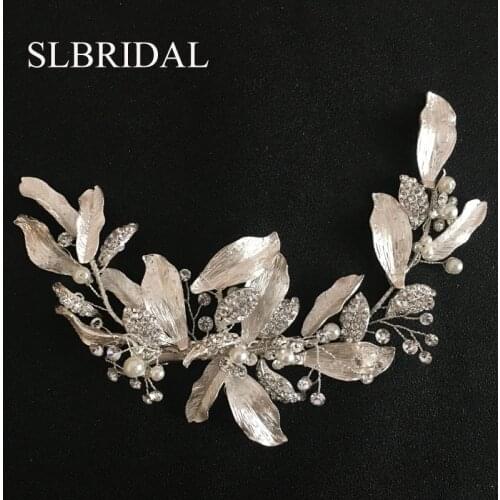 SLBRIDAL Handmade Silver Color Crystals Rhinestones Flower Leaf Wedding Hair Clip Barrettes Bridal Headpiece Hair accessories