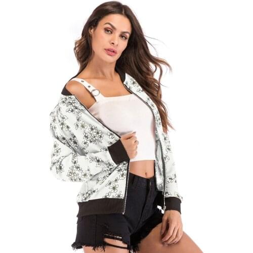 Women Baseball Coat Ladies Retro Floral Zipper Up Bomber Jacket Casual Coat Autumn Outwear Crane Flower Print Women Clothes
