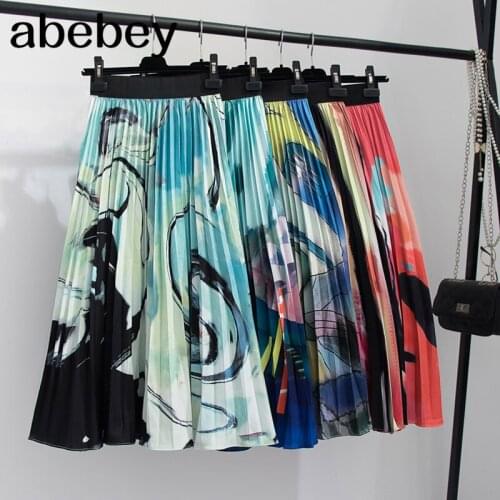 Women Summer 2021 New Print Cartoon Pattern Women Skirt Party Holiday Fashion Brand Pleated Skirts Long Female A-Line Midi Skirt