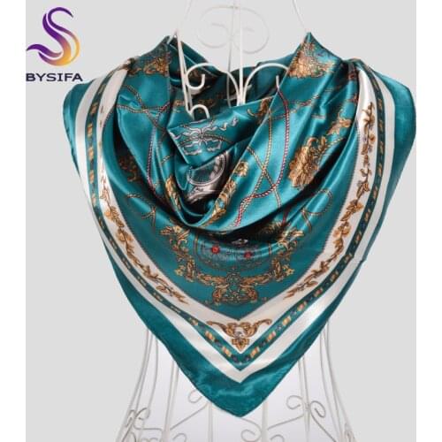 [BYSIFA] Dark Green Square Scarves Wraps Women Brand Silk Scarf Shawl 2019 Fall Winter New Head Neck Scarf Hijab Foulard Femmee
