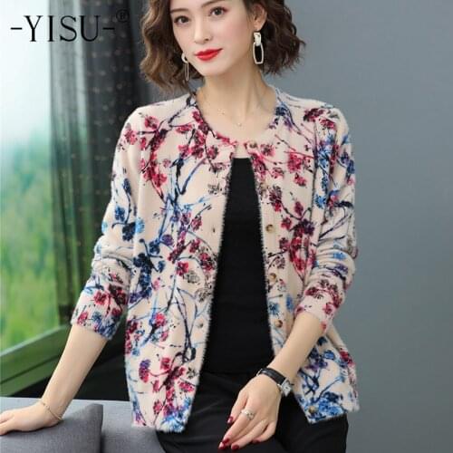 YISU Women Knitted Sweater Cardigans Jacket Loose Imitation Mink Velvet Cardigans Print Long Sleeve Computer Knitted Casual Full
