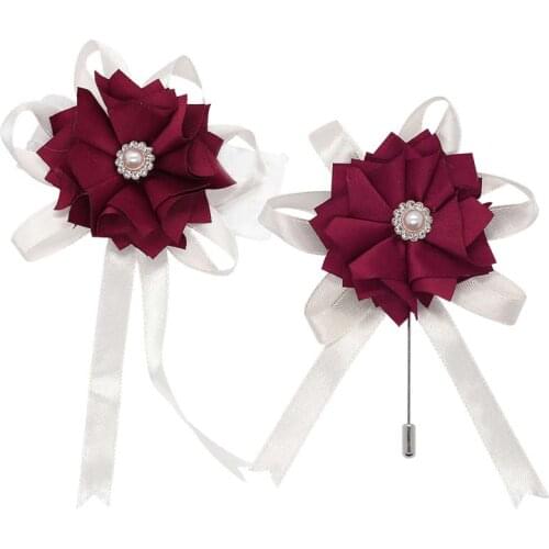 3combos/Lot New Bride Groom Corsages And Boutonnieres Handmade Burgundy Rose Flower Wrist Corsage Wedding Prom Accessories ZH202