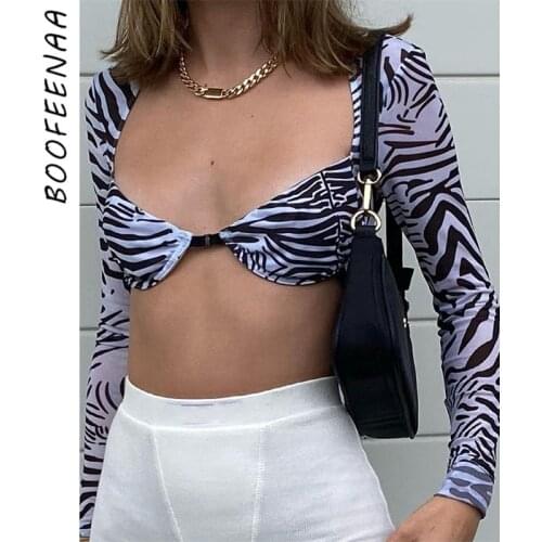 BOOFEENAA Sexy Top Women Clubwear Fall 2021 Fashion Zebra Stripe Sheer Mesh Long Sleeve T Shirt Crop Tops Bralette C85-BZ10