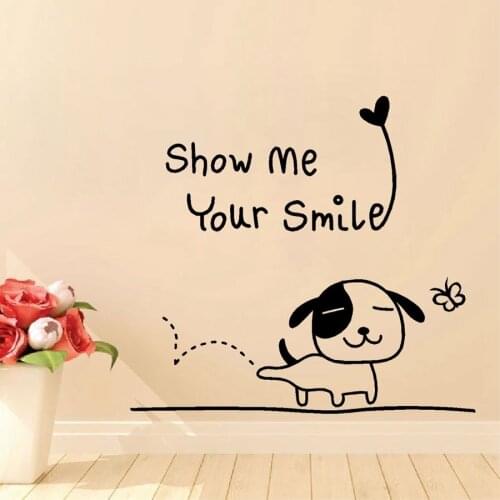Quote Black Wall Decals For Nursery Happy Puppy With "Show Me Your Smile" Vinyl Wall Sticker Kids Art Decal Cute Decor ZB361