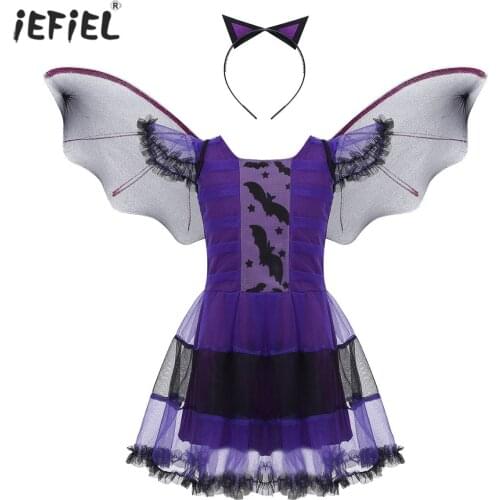 Kids Girls Princess Dress Witch Cosplay Party Costume Set Bat Princess Dress Halloween Fancy Bat Children Kids Clothes with Wing