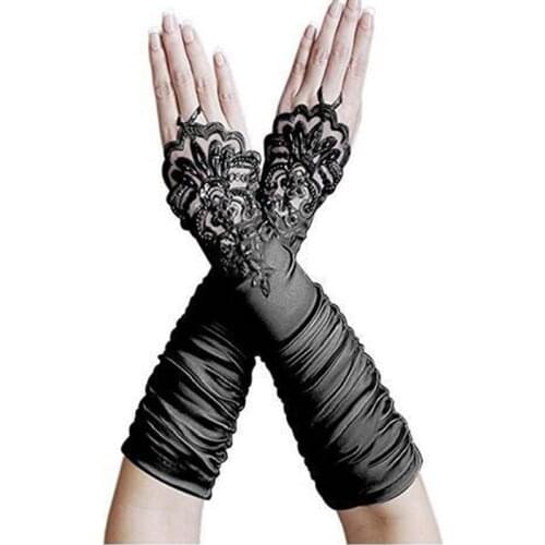 Elegant Long Black Wedding Gloves Elbow Length Woman Fingerless Red/Black/White Bridal Lace Appliqued Bead Satin Dance Gloves