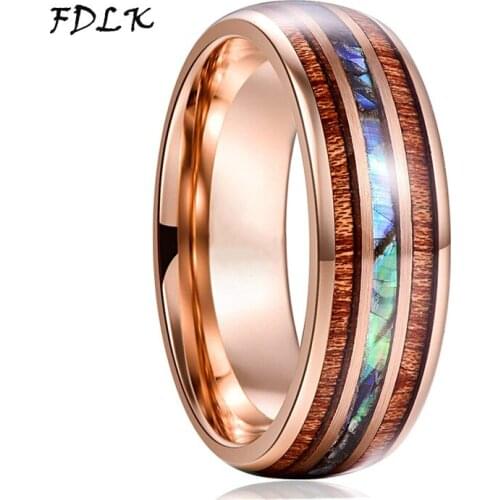 FDLK Fashion 8mm Rose Gold Stainless Steel Rings Hawaiian Koa Wood and Abalone Shell Opal Inlay Ring Wedding Band Mens Jewelry