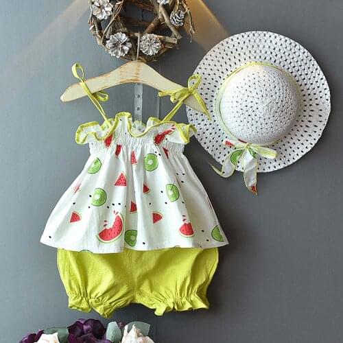 Amya Baby Toddler Girls Clothing Sets Sleeveless Tops Short Pants Hat 3pcs Fashion Girl Summer Outfit Beach Children Clothing