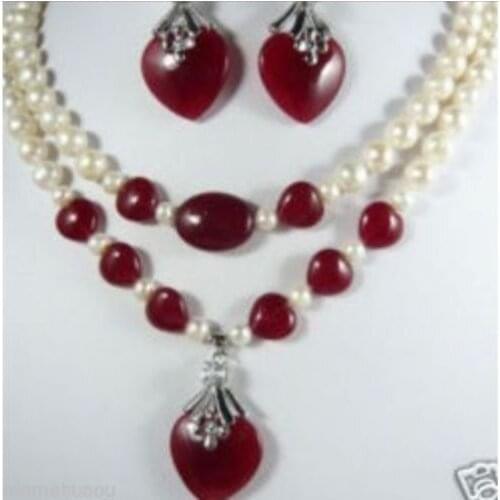 Beautiful red jade Freshwater pearl pendant necklace earrings set