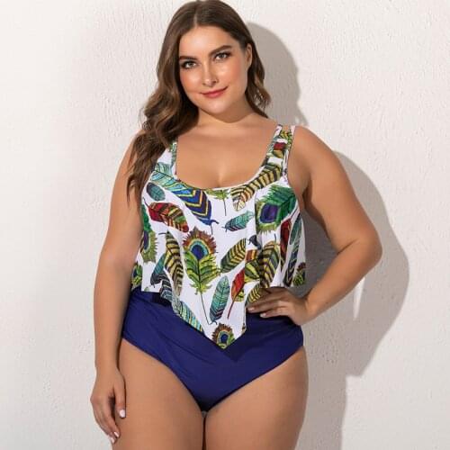 2020 Large Size Two Pieces Swimsuit Animal Feather Printed High Waisted Bikini Set Big 3XL 4XL Women Swimming Suits Plus Bikinis