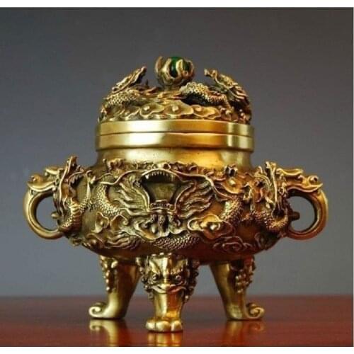 Mark Chinese Buddhism copper Brass 9 dargon fengshui lucky incense burner Censer Statue decoration metal handicraft
