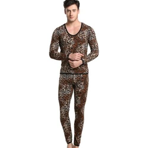 Men Cotton Thermal Set Underwear Wild Leopard Print Suit Keep Warming Long Johns Pants Long Shirt Winter Sleepwear M-XL