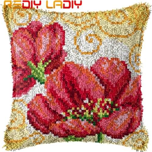Latch Hook Kit Make Your Own Cushion Two Poppies Pre-Printed Canvas Crochet Pillow Case Latch Hook Cushion Cover Hobby & Crafts