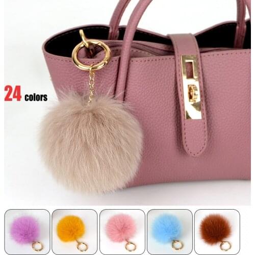 Real Large Fox Fur Pompom Keychain Fluffy Pom Pom Ball Pendant Women Charm Bag Car Keyring