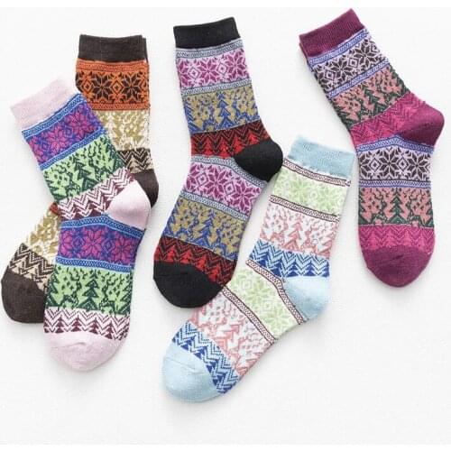 5 Pack New Fashion Womens Cotton Vintage Winter Soft Warm Cold Knit Wool Christmas Tree Pattern Socks Gift