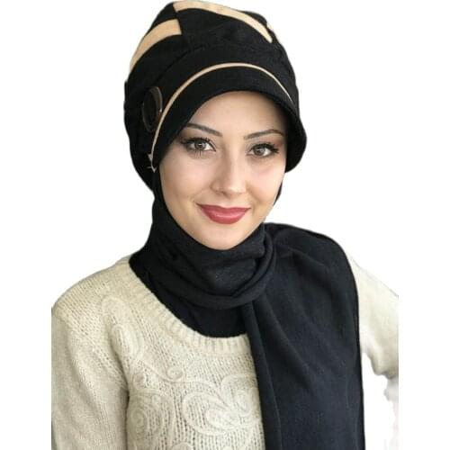 New Fashion Women 2021 Muslim Headscarf Islamic Turban Womens Scarf Hat Black Buckled Cream Striped Hat Shawl