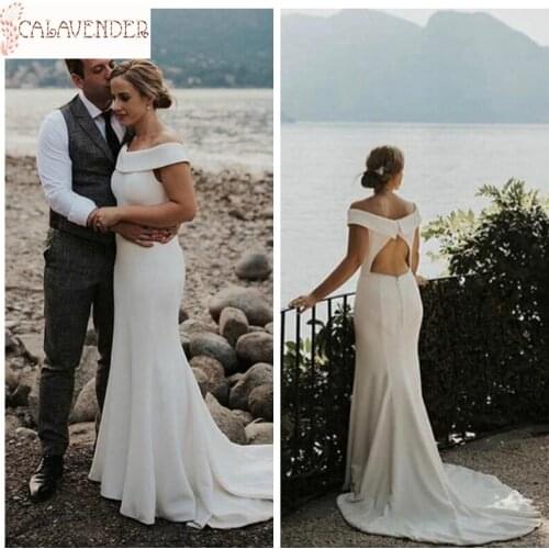 Boat Neck Simple Wedding Dresses 2020 White Satin Cheap Wedding Dresses Short Sleeve Mermaid Wedding Dresses with Open Back