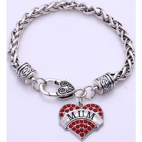 Drop Shipping New Arrival rhodium plated with sparkling crystals MUM heart charm Bracelet Lobster-claw-clasps