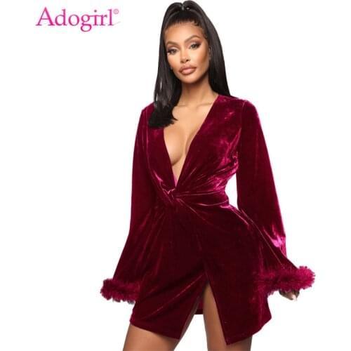 Adogirl Christmas Velvet Dress Women Sexy Deep V Neck Twist Feather Long Sleeve Mini Night Club Party Dresses Autumn Winter