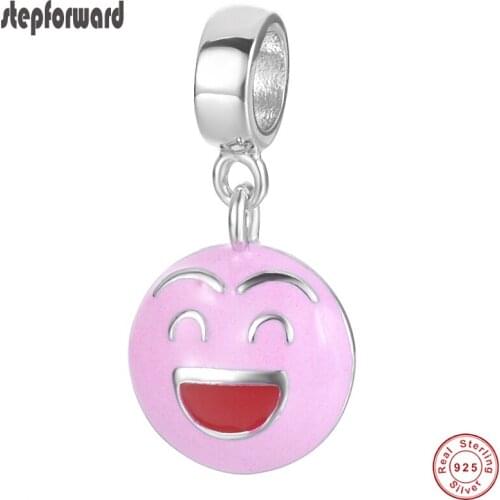 DIY Pink Happy Face Enamel DIY Charm 925 Sterling Silver Smile Face Hanging Charm Fit Bracelet Bangle Bead For Jewelry Making