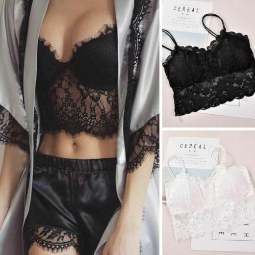 Sexy Womens Sleeveless Eyelash Lace Lingerie See-through Padded Vest Crochet Push Up Bra Tank Tops Bralette Bra Cami Crop Top